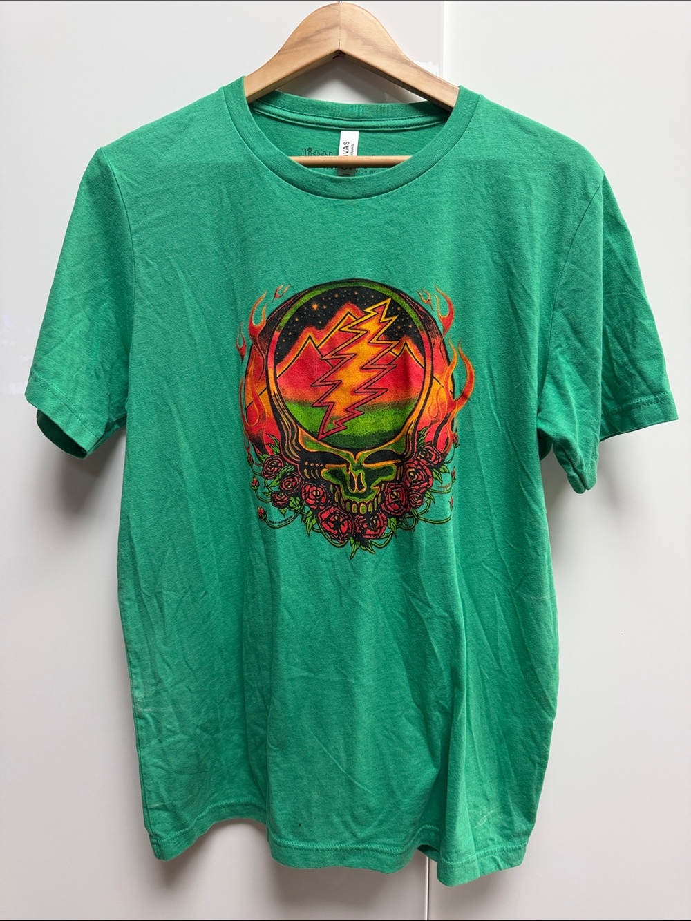 Grateful Dead Green Graphic Crewneck T-Shirt with Skull, Rose & Lightning Design